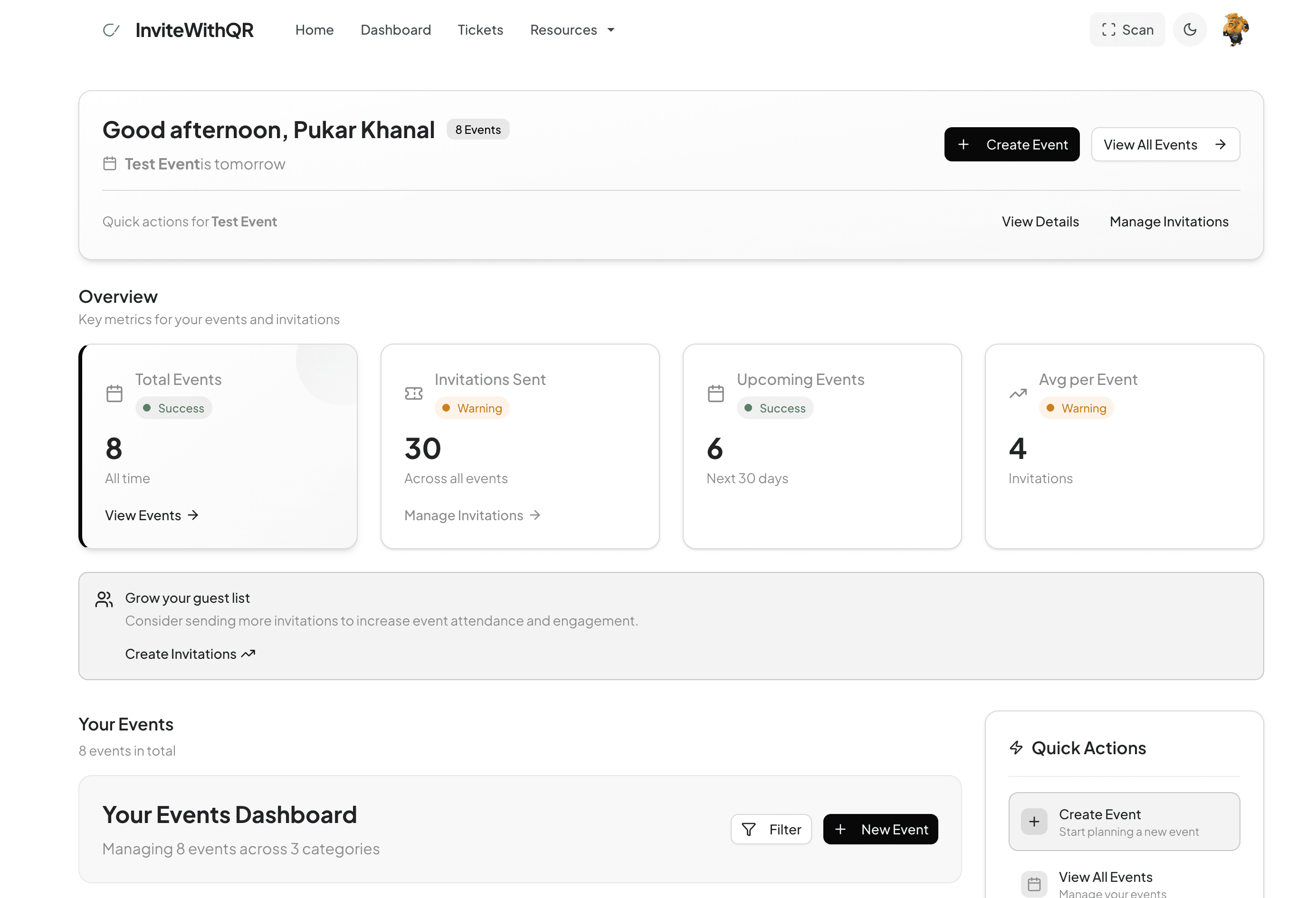 QR Code Invitation Platform Dashboard - Light Mode